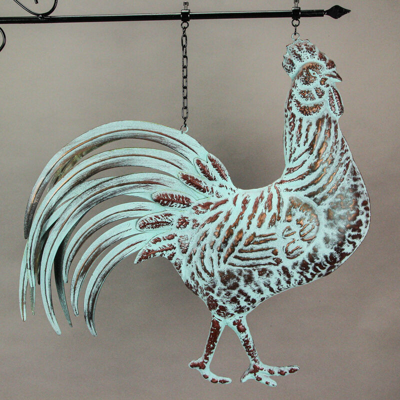 33.5 inch Verdigris Rooster Hanging Metal Wall Sculpture with Wall Bracket image number 3