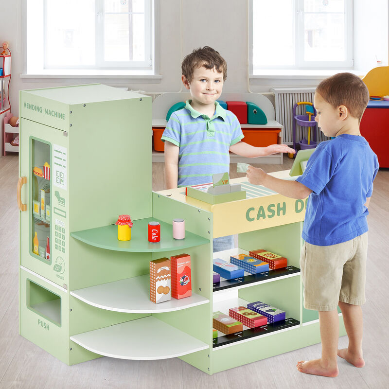 Kids Wooden Supermarket Playset with Checkout Counter &ndash; Fun Green Design image number 2