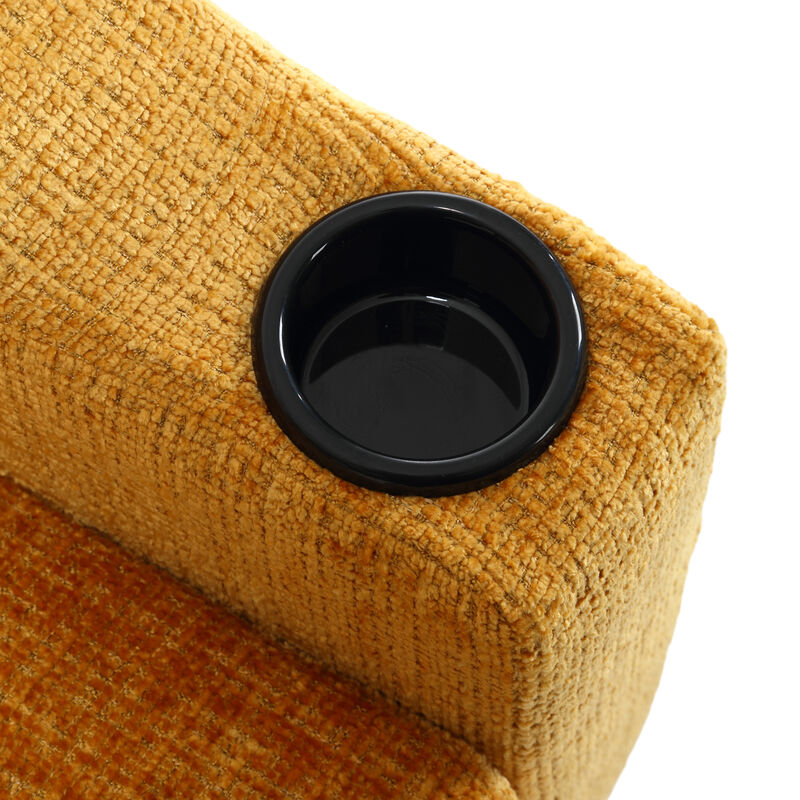 Sofa for three, solid wood frame, Chenille fabric, side pocket, with two cup holders, footstool with storage sofa