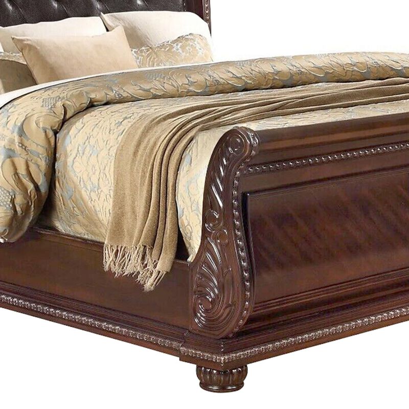 Mano California King Bed, Faux Leather Upholstery, Carved Walnut Brown Wood - Benzara