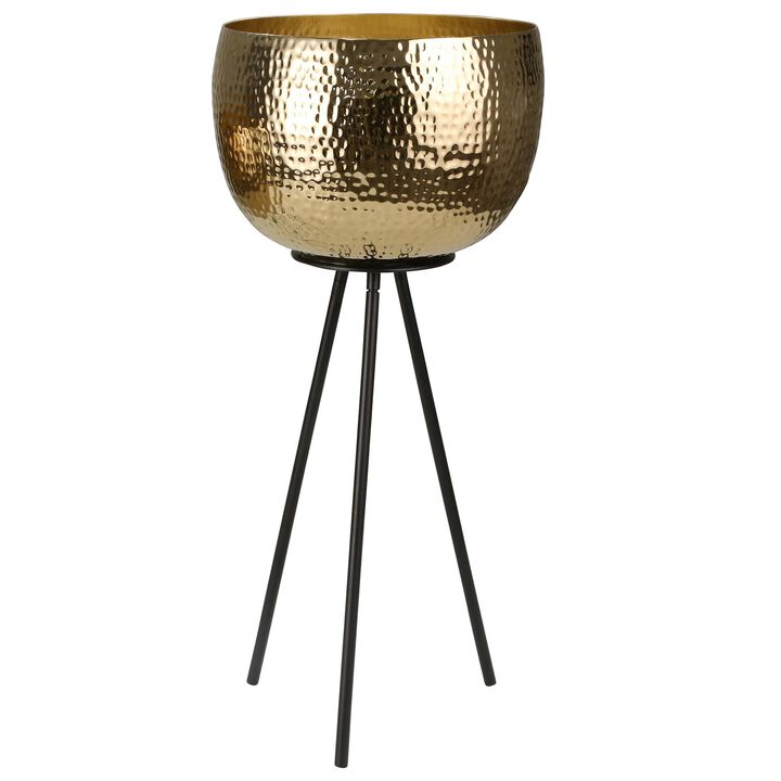 Hammered Textured Metal Bowl Planters on Tripod Base, Set of 2, Gold and Black-Benzara