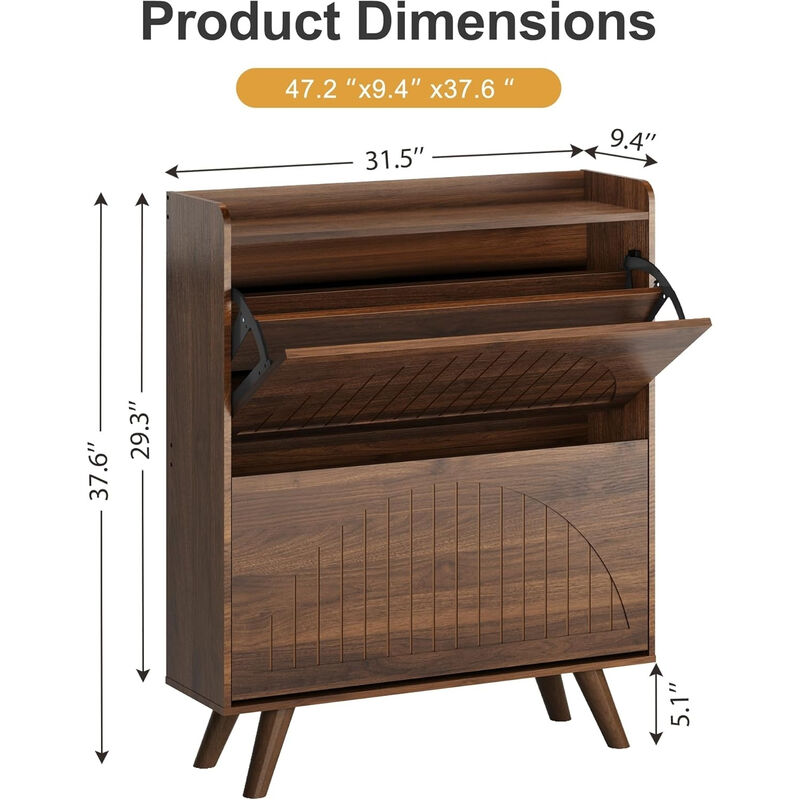 Entryway Wood Shoe Storage Cabinet Flip Drawer Adjustable Shelves Walnut image number 2
