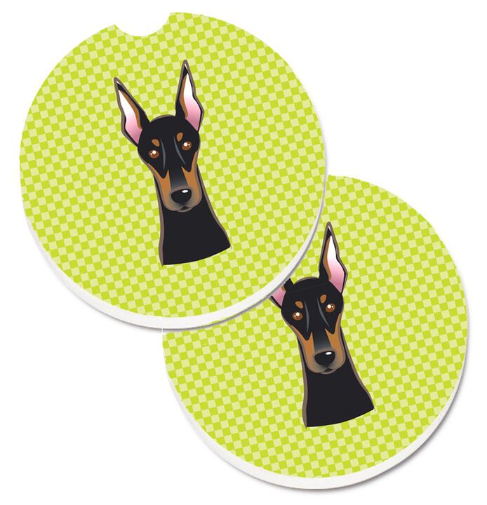 Caroline's Treasures Checkerboard Lime green Doberman Set of 2 Cup Holder Car Coasters BB1307CARC, 2.56, Multicolor