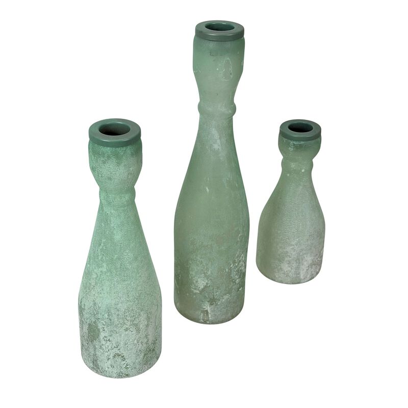 Set Of 3 Frosted Green Glass Taper Candle Holders 10 In Tall Tabletop image number 1