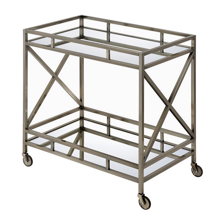 Metal Framed Two Tier Serving Cart with X Shaped Side Panels, Mirrored, Antique Gold-Benzara
