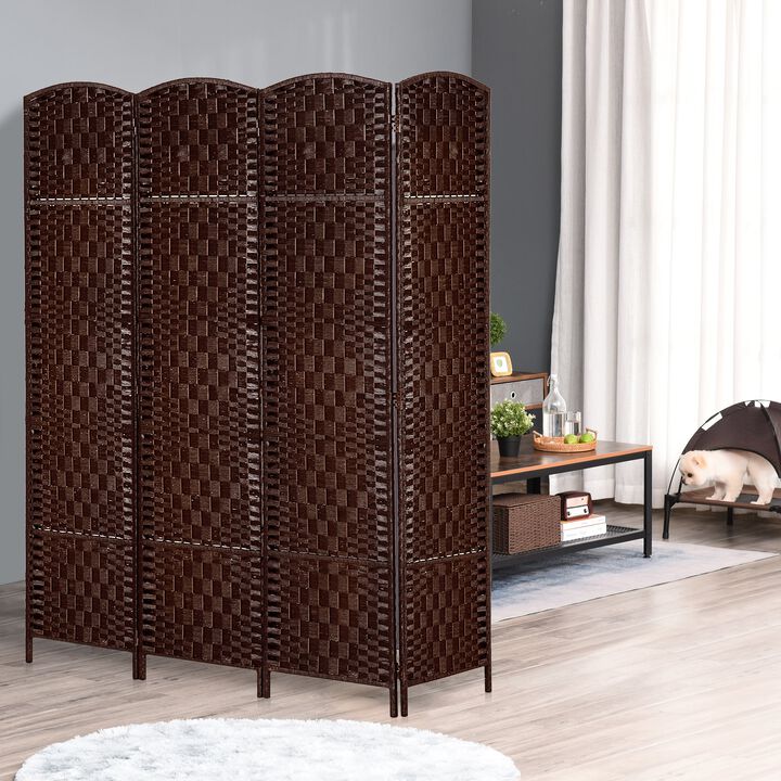6' Tall Wicker Weave 4 Panel Room Divider Wall Divider, Brown