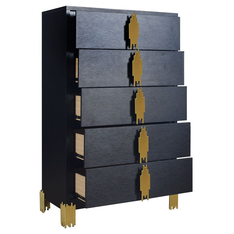 Theo Tall Dresser Chest, 5 Drawers, Vertical Gold Handles, Black Wood - Benzara