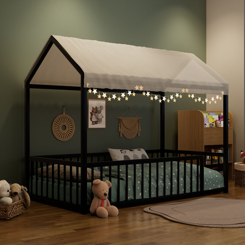 Merax Montessori Style Metal Floor Bed Frame, House Shaped Bed with Fence for Kids and Toddlers image number 1