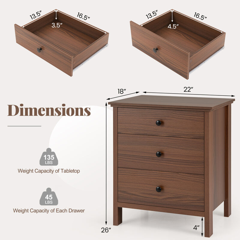 3-Drawer Nightstand with Wooden Finish for Bedroom