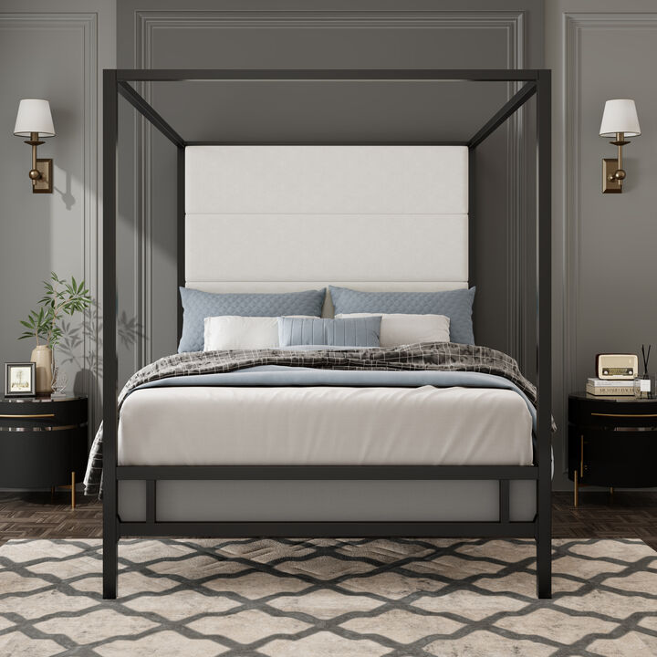 Merax Modern Gold Canopy Bed with Tall Linen Fabric Upholstered Headboard Metal 4-Poster Bed Frame