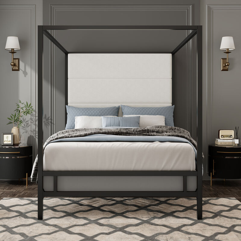 Merax Modern Gold Canopy Bed with Tall Linen Fabric Upholstered Headboard Metal 4-Poster Bed Frame