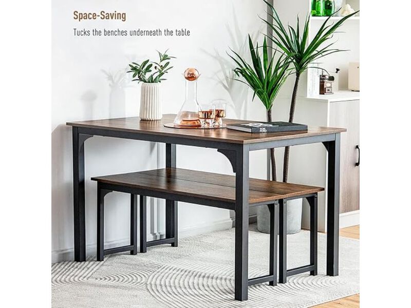 Dining Set &ndash; 3‑Piece 43.5" Solid Wood Table with 2 Benches, Metal Frame, Space‑Saving image number 2