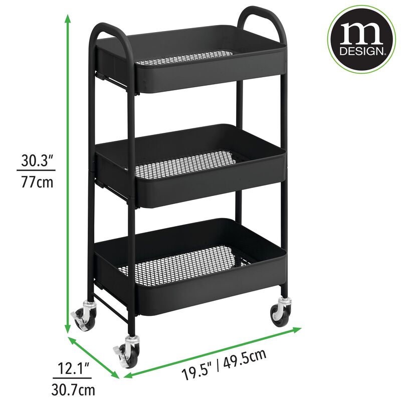 mDesign Metal 3-Tier Rolling Utility Storage Carts, 4 Caster Wheels, Matte Black