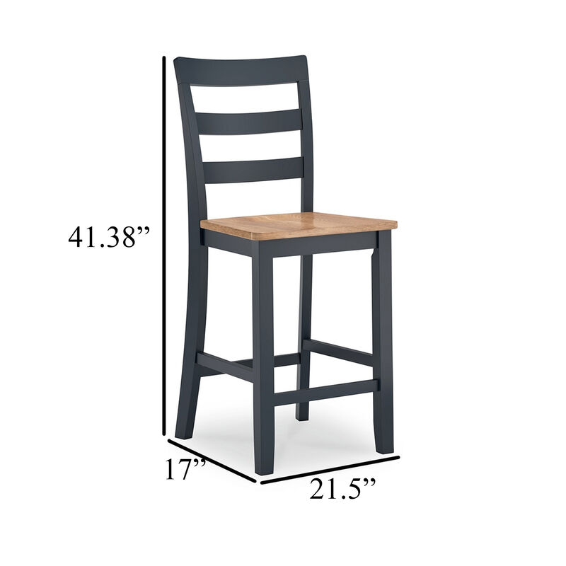 Gasy Counter Height Chair Set of 2, Dark Blue Solid Wood, Brown Seat - Benzara