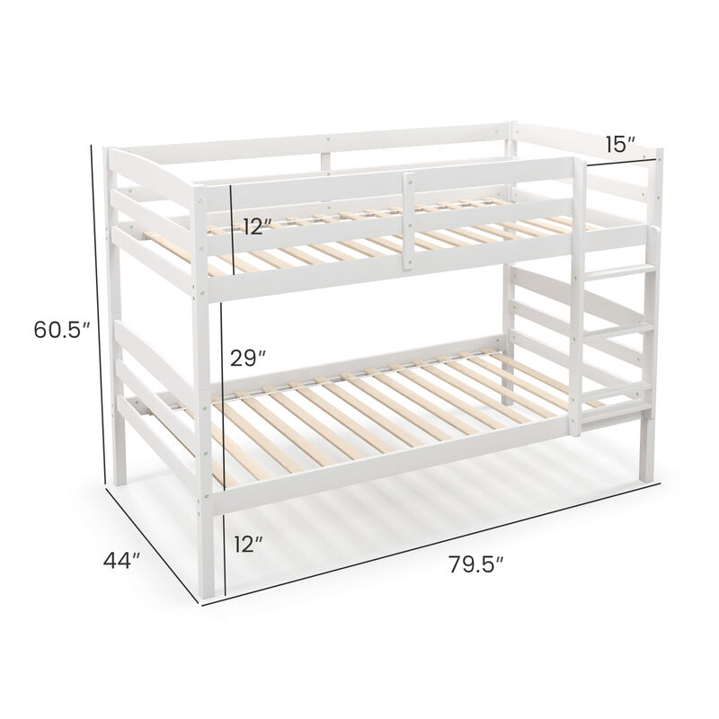 Solid Wood Twin Over Twin Bunk Bed Frame with High Guardrails and Integrated Ladder