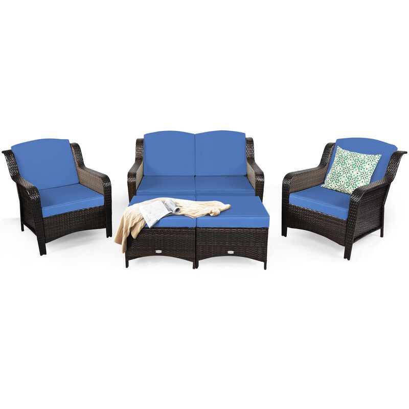 5-Piece Patio Rattan Sofa Set with Cushions and Ottoman, Comfortable Outdoor Seating