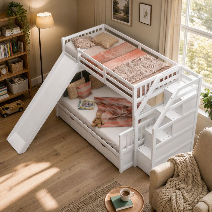 Whisen Twin over Full Bunk Bed with Drawers, Slide & Storage, Solid Pine for Kids Bedroom