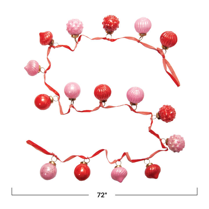 Embossed Mercury Glass Ornament Garland with Velvet Ribbon, Pink and Red
