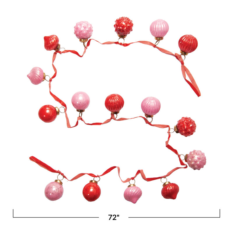 Embossed Mercury Glass Ornament Garland with Velvet Ribbon, Pink and Red image number 1
