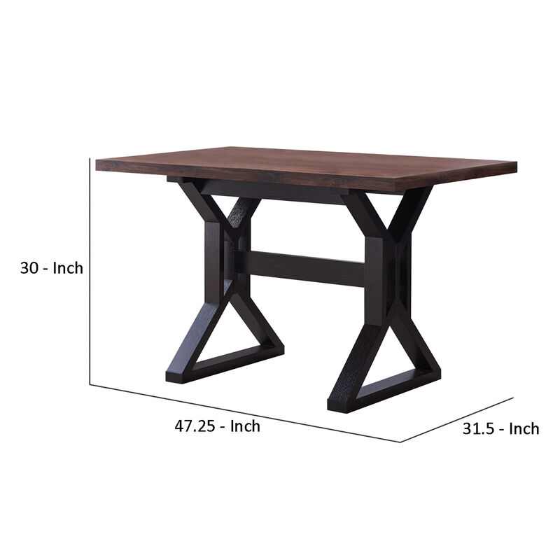 Two Toned Rectangular Wooden Dining Table with X Shaped Trestle Base, Black and Brown-Benzara image number 5