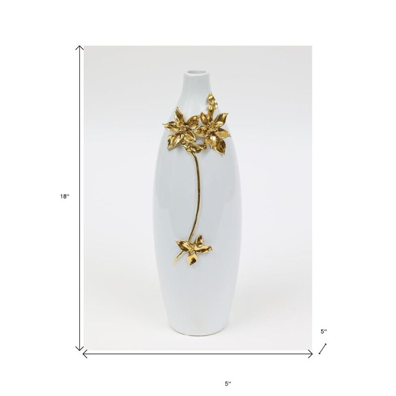 Hivvago 18 Inch Gold Floral Oval Ceramic Table Vase With Sculptural Details