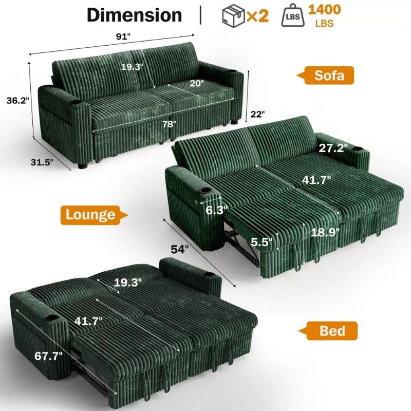 91" Convertible Sleeper Sofa Bed, Loveseat with 5-Level Reclining Backrest, Pull-Out Bed, USB Ports image number 1