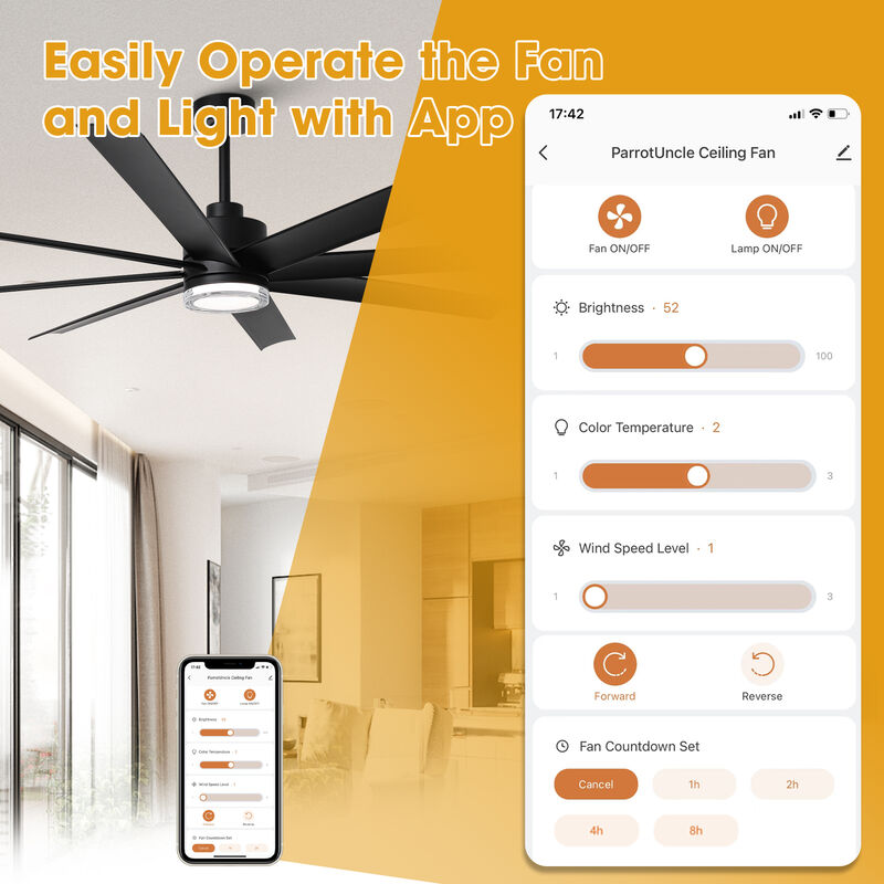 72" Modern Black Clear Acrylic Lens Smart Ceiling Fan with Light and Remote, App Control, Voice Control