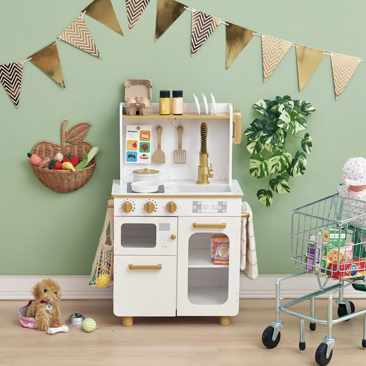 Teamson Kids Little Chef Memphis Play Kitchen + 16 Accessories and Interactive Toy Appliances, White/Gold