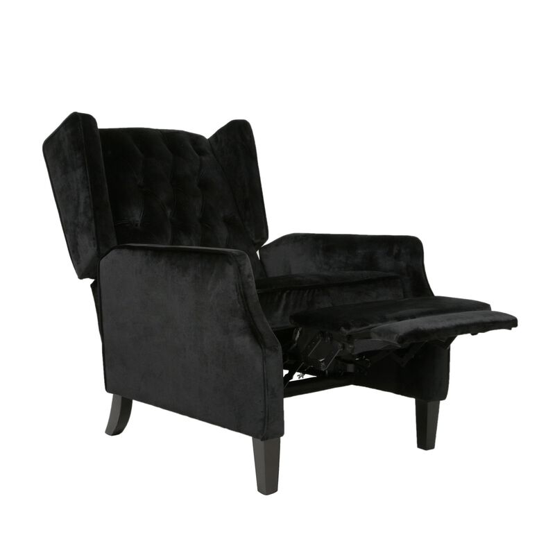 Octa Manual Recliner Chair, Button Tufted Wingback Design Black Velvet - Benzara