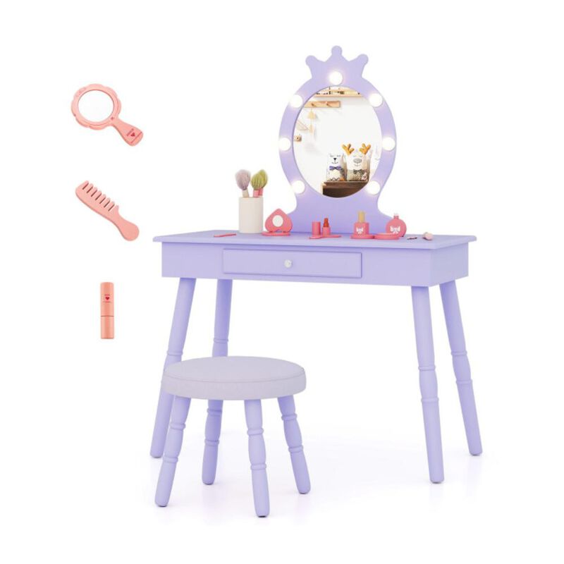 Hivvago Kids Vanity Set with Lighted Mirror with Adjustable Brightness and Large Drawer-Purple