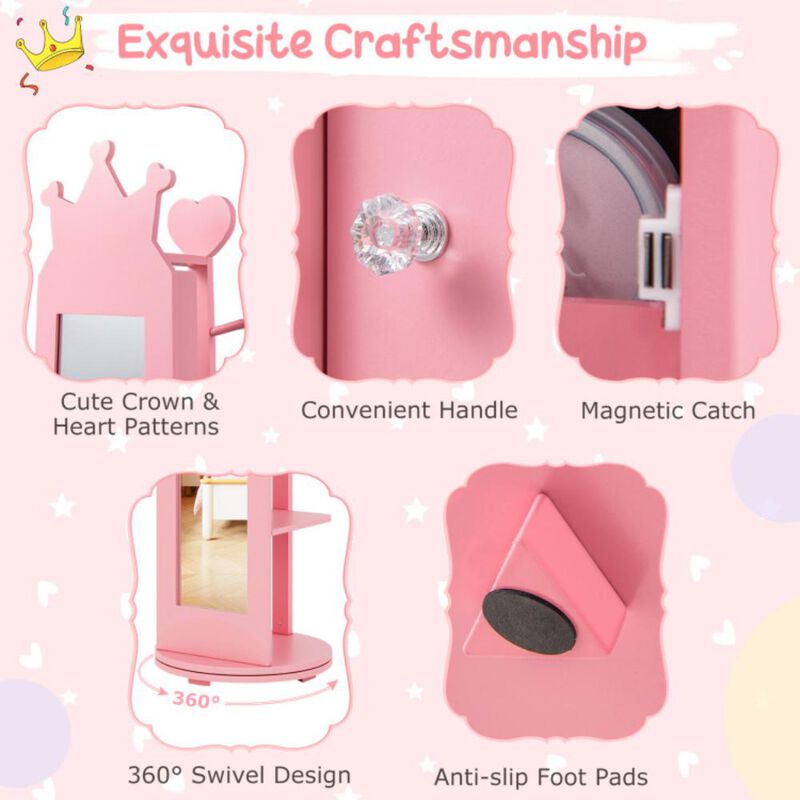 Hivvago Kids Room Furniture Set Princess Vanity Table and Stool Set with Mirror and Drawer