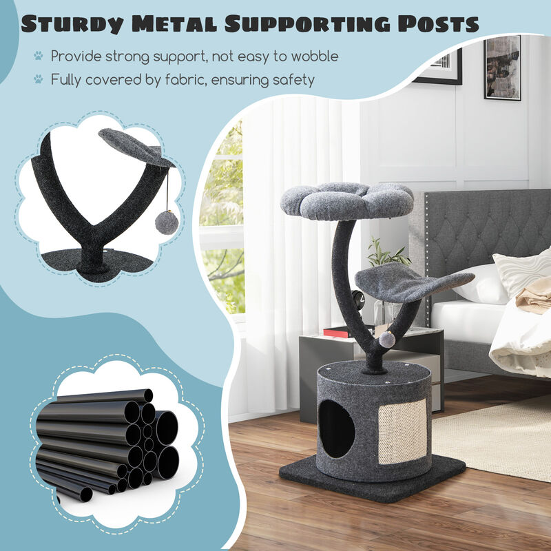 Cat Tree for Indoor Cats with Curved Metal Supporting Frame for Large & Small Cats-Grey