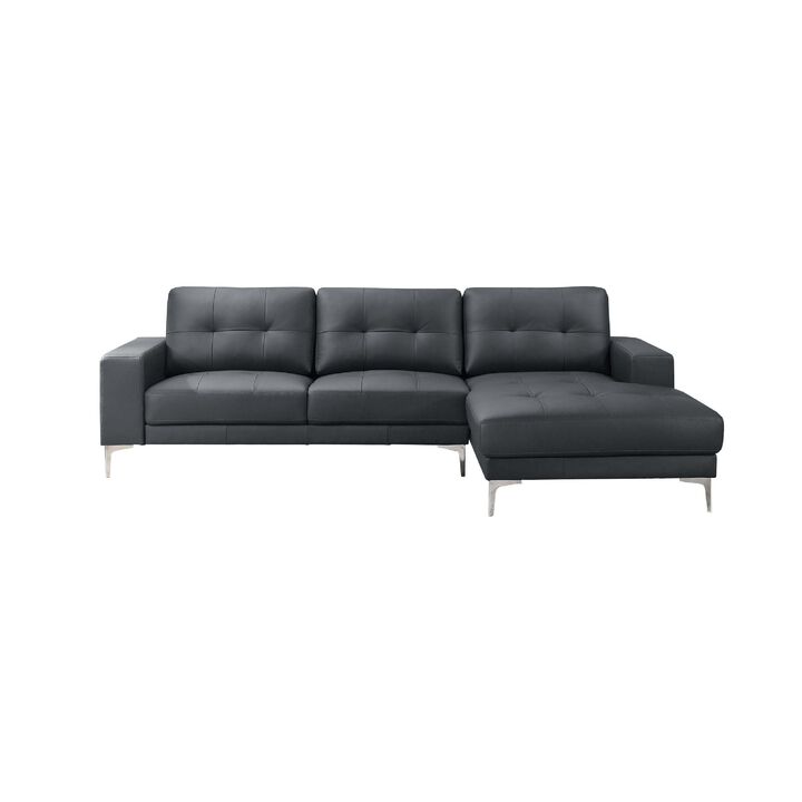 Moa 2pc Sectional Sofa w RAF Chaise, Chrome Legs, Black Full Leather - Benzara
