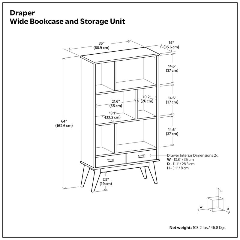 Draper SOLID HARDWOOD 64 inch x 35 inch Mid Century Modern Wide Bookcase and Storage Unit in Teak Brown
