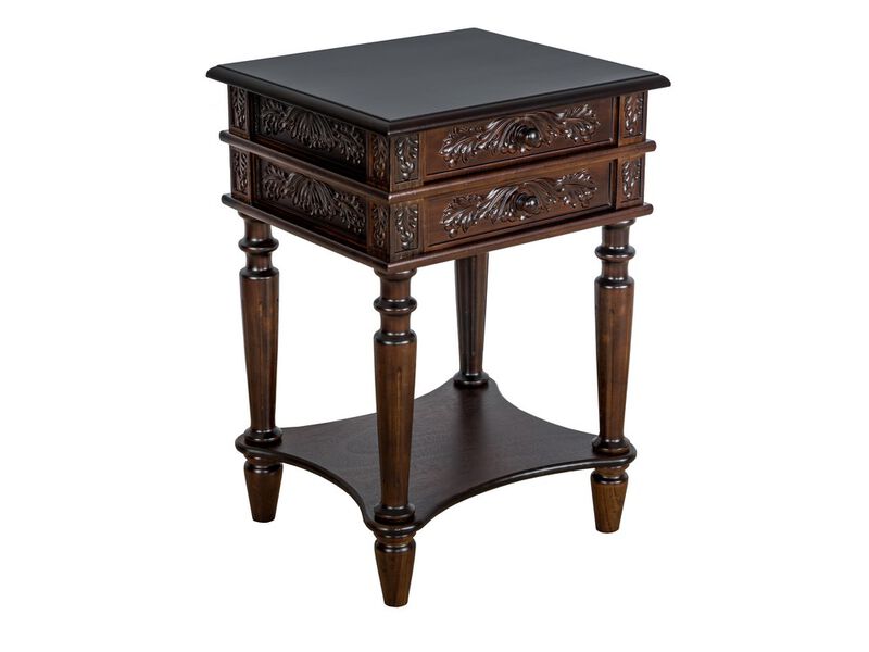 2 Drawer End Table with Intricate Carvings and Open Bottom Shelf, Brown