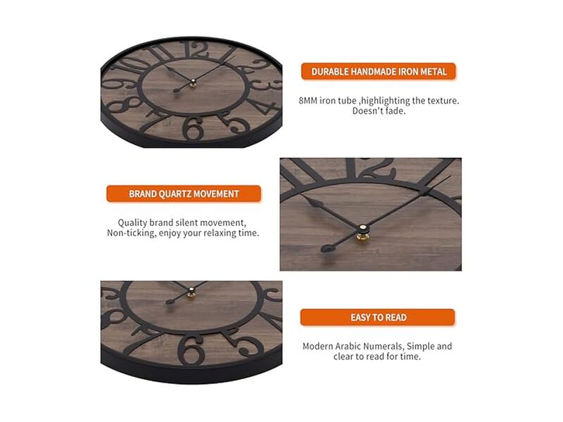 Wood Farmhouse Vintage Black Wall Clock 24 Inch Silent Non Ticking image number 2