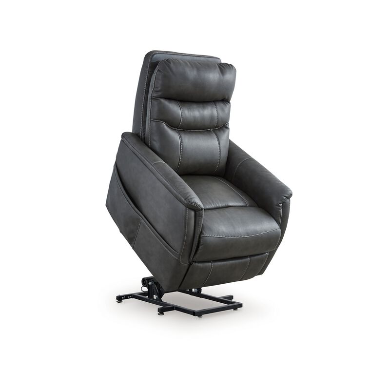 Barrett Power Lift Recliner Chair, Dark Gray Faux Leather, Pillow Back - Benzara