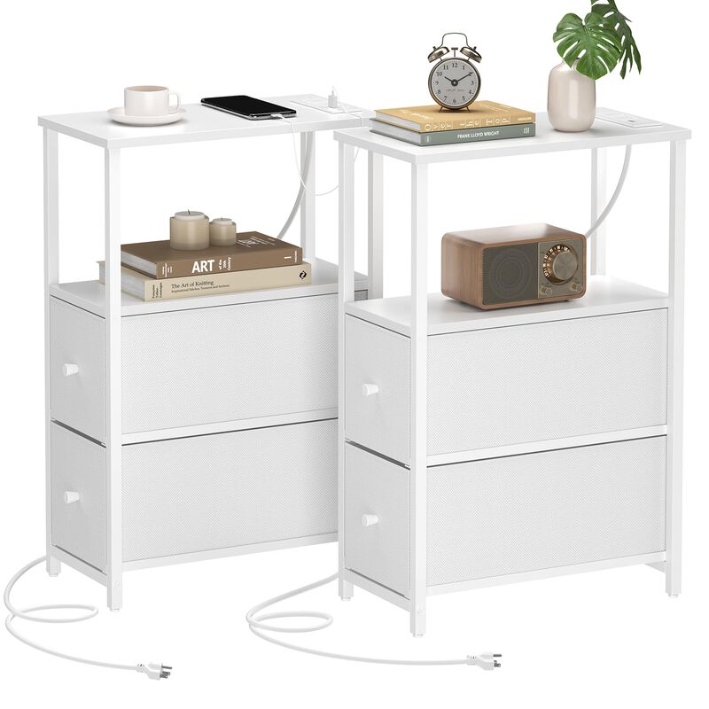 TUTOTAK Small Narrow End Table with Charging Station, Set of 2, Side Table with Outlets, Nightstand with 2 Cloth Drawers, Couch