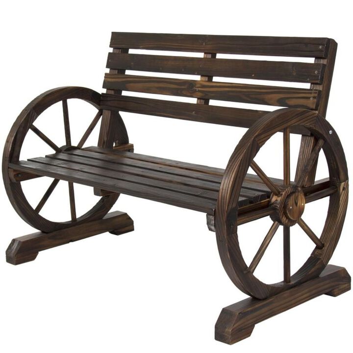 Hivvago 2 Person Farmhouse Wagon Wheel Wooden Bench