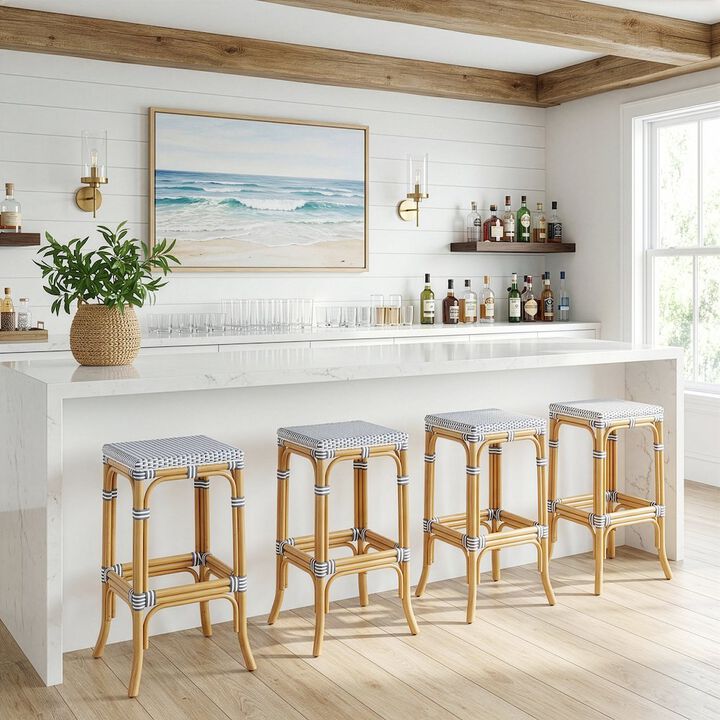 Butler Specialty Laguna 30.5 in. Seat Height Rectangular Rattan Backless Bar Stool White and Navy