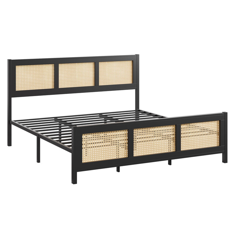 Boho‑Style Rattan Platform Bed Frame, Multi‑Size Options, Headboard Included, Sturdy Noise‑Free Metal Slats, No Box Spring Needed image number 0
