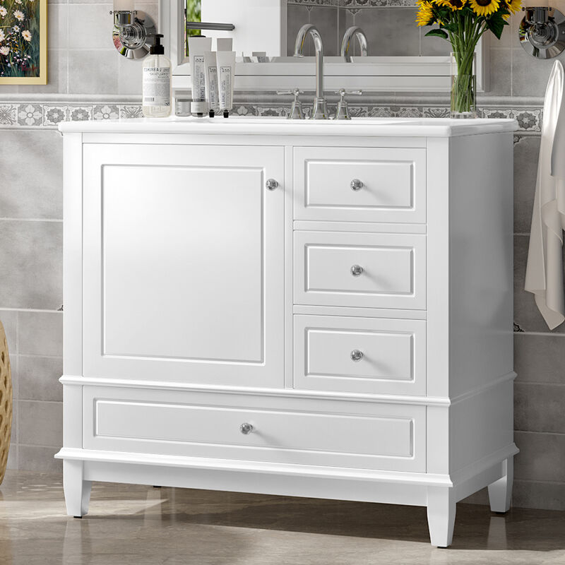 Merax Freestanding White Bathroom Vanity with Integrated Ceramic Sink
