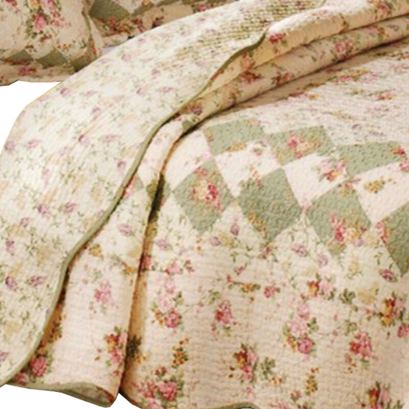 Denali 3 Piece Fabric King Size Quilt Set with Floral Prints, Multicolor - Benzara