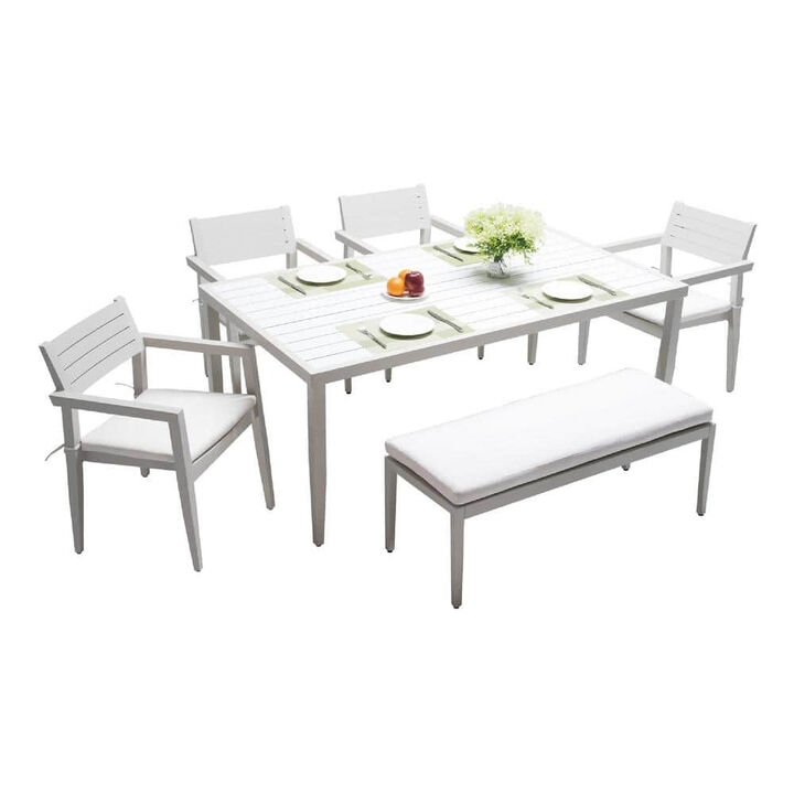MONDAWE 6-Piece Modern Aluminum Patio Dining Set with 4 Chairs & 1 Dining Bench and Rectangle Table with Umbrella Hole