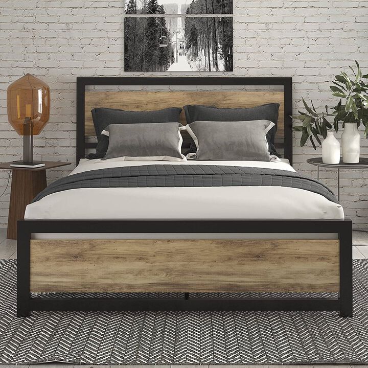 Hivvago Queen Metal Platform Bed Frame with Brown Wood Panel Headboard and Footboard