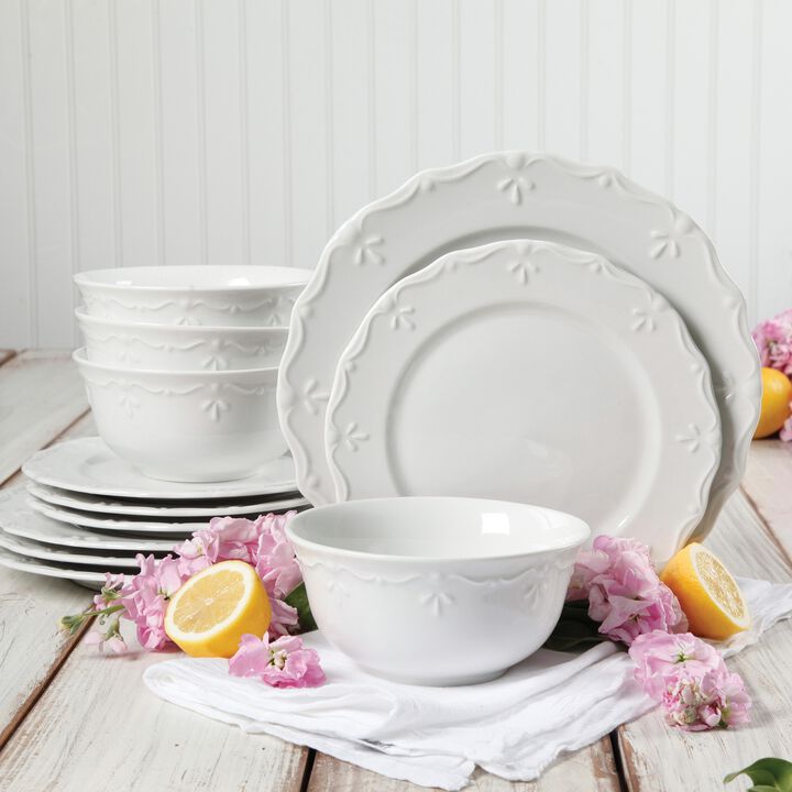 Gibson Home Scallop Buffet Dinnerware Set in White, Set of 12