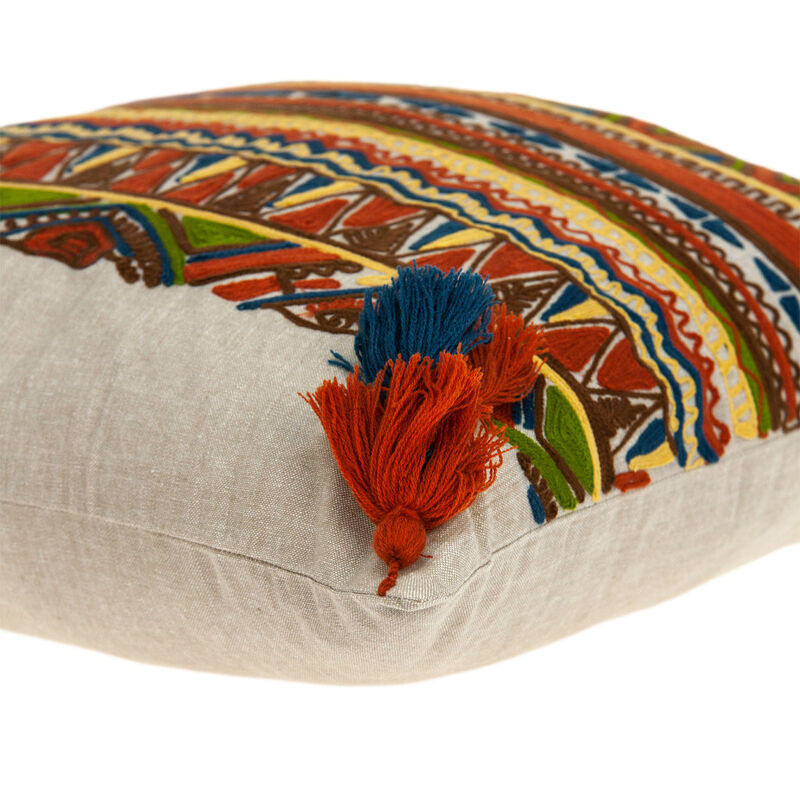 HomeRoots 20" Beige and Orange Striped Cotton Blend Throw Pillow With Embroidery image number 5