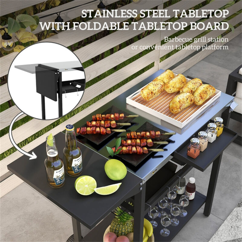 Rolling Wicker Grill Cart for Patio &ndash; Outdoor Kitchen Island with Storage and Extended Table image number 4