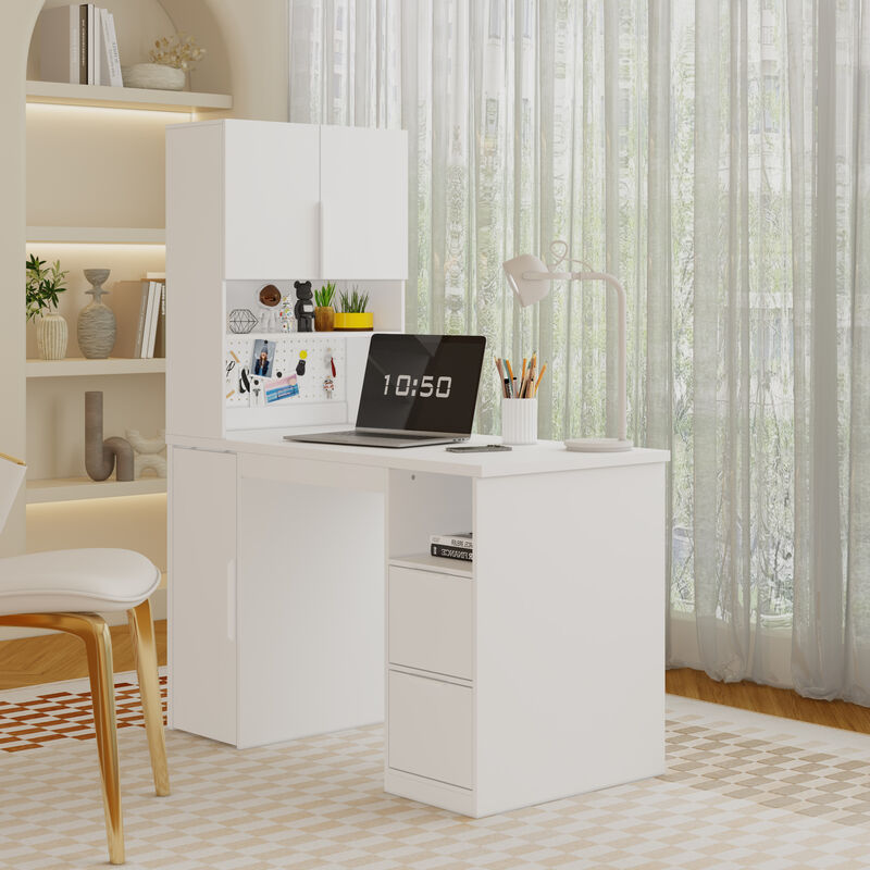 FUFU&GAGA White Study Desk & Storage Cabinet with Sliding Door, Open Shelves & Pegboard, E1 Particle Board, Metal Handles (47.3 in. W x 23.7 in. D x 61.4 in. H)