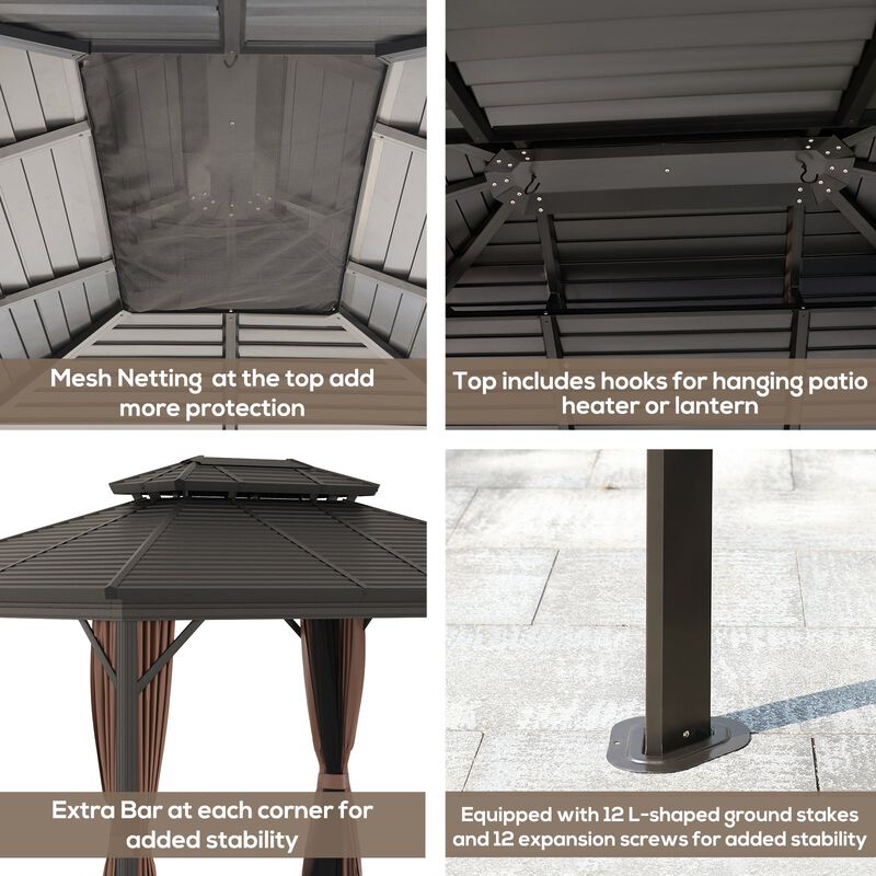 10x12 Hardtop Gazebo with Aluminum Frame, Permanent Metal Roof Gazebo Canopy w/ Curtains & Netting for Garden, Patio, Backyard, Dark Brown